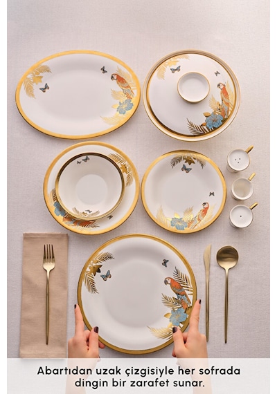 Karaca Royal Bone Golden Palms 55 Parça 12 Kişilik Yemek Takımı Çok Renkli