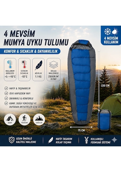 4 Mevsim Mumya Tip Uyku Tulumu -10 C Konforlu Kamp Uyku Tulumu Yıkanabilir Mavi