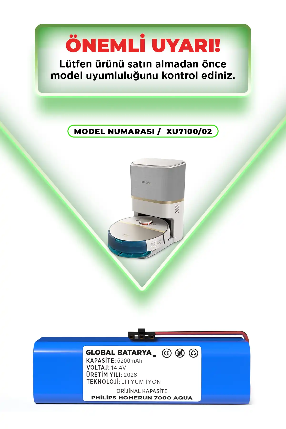 Philips Homerun 7000 Serisi Aqua Xu7100/02 Batarya 14.4v 5200mah Pil  Kapasite