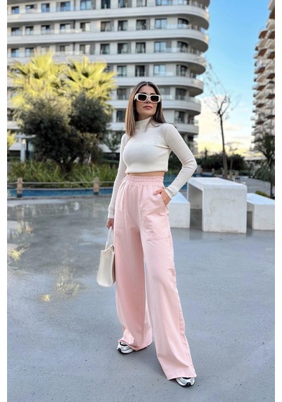 Kadın Pudra Beli Lastikli, Cepli, Bol Paça, Salaş Pantolon Pudra