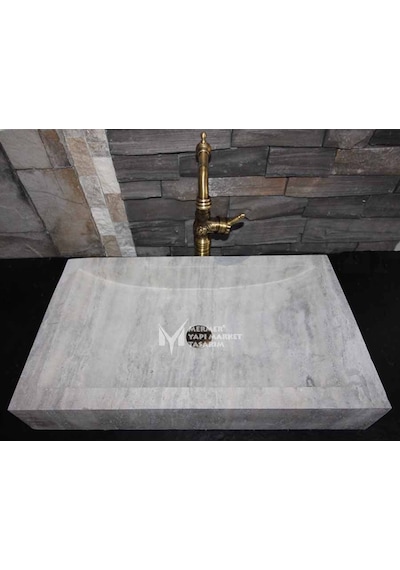 Gümüş Traverten Modern Kare Lavabo