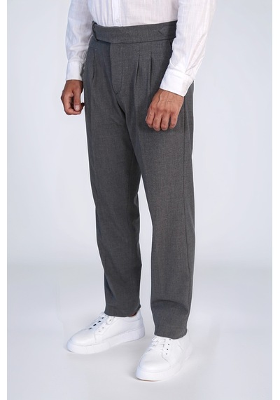 Antrasit Çift Pileli Tokalı Yüksek Bel Slim Fit Pantolon Wessi Füme