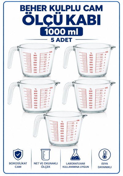 Beher Kulplu Cam 1000 Ml - Ölçü Kabı 5 Adet