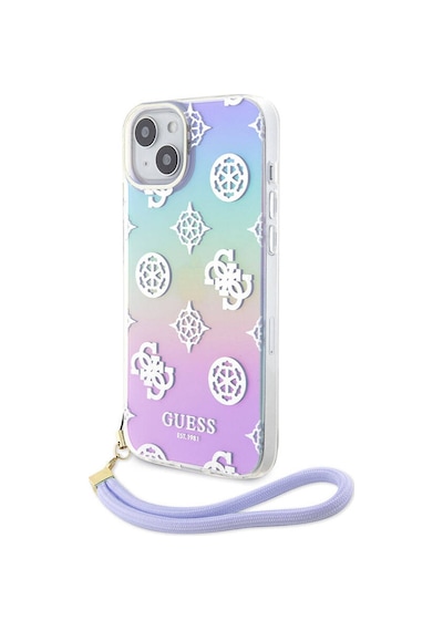 Apple Uyumlu iPhone 15 Kılıf Guess Lisanslı Desenli Yazı Logolu Askı İpli Holografik Glitter Peony Siyah