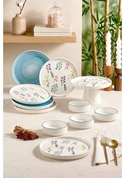 11 Parça 6 Kişilik Botanical Stackable Kahvaltı Takımı - Lüx Kahvaltılık Sunum Seti Tabağı Beyaz