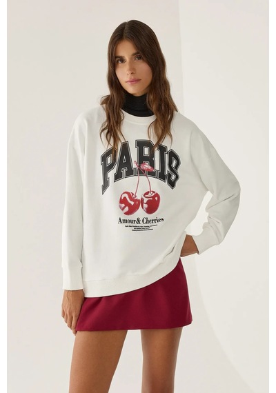 Hiccup Baskılı Rahat Kesim Bisiklet Yaka Sweatshirt Tozlu Beyaz