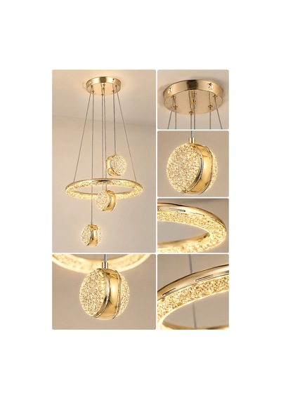 Modern Premium 3'lü Gold Küre 3 Renkli Ledli Sarkıt Avizesi Salon Mutfak Çocuk Odası Modelleri 84w Beyaz