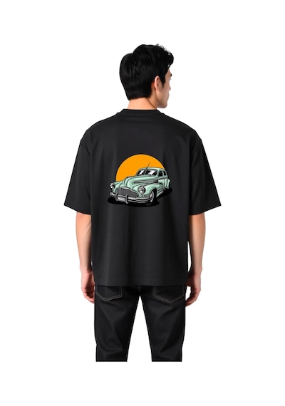 Paybuy Erkek Oversize Tişört Vintage Otomotiv Baskısı Retro Araba Desenl Siyah