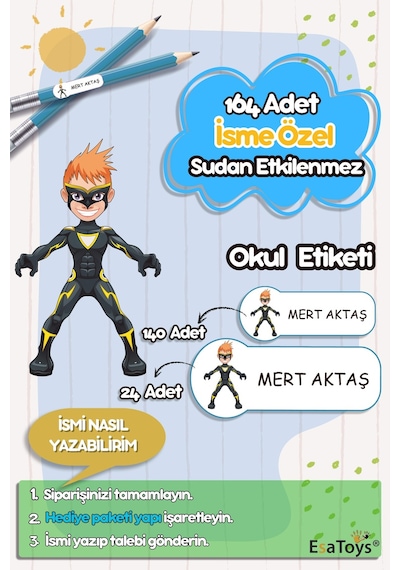 Superhero Temalı Özel İsminiz Yazılı Okul Etiketi Diğer
