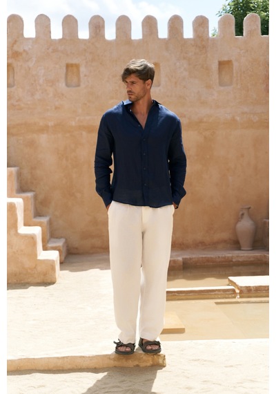 Mai Collection Mai Studios Co. Agnola Oversize Erkek Lacivert Keten Gömlek Lacivert