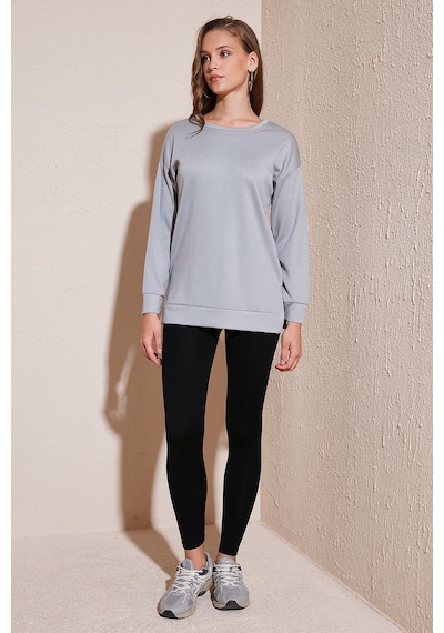 Lela Streç Oversize Fit Bisiklet Yaka Modal Kumaş Bayan Sweat 5865877 Gri
