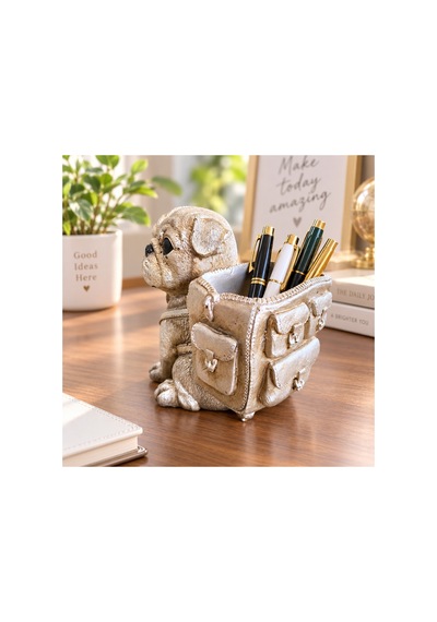 Dekoratif Köpek Figürlü Kalemlik Makyaj Fırçalık Saksı Organizer Polyester 12x15 Cm Gümüş