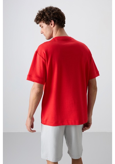 Tommy Life Fiesta Pamuklu Kalın Yumuşak Dokulu Oversize Fit Baskılı Erkek T-shirt - 88320 Kirmizi