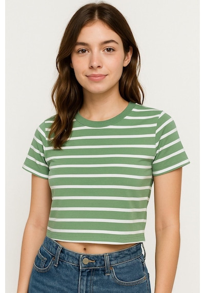 Kadın 3'lü Paket Yeşil-pembe-mavi Crop Tişört Pamuk Bisiklet Yaka T-shirt Çok Renkli
