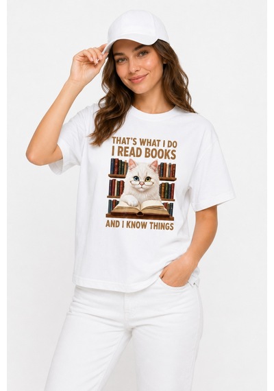 Bayloranzzo The Reader Cat %100 Pamuk Heavy Cotton Premium Kalite Kadın Tişört Beyaz