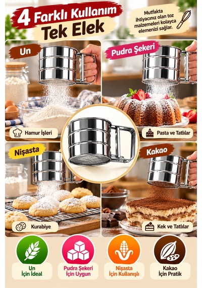 Pratik Tetikli Paslanmaz Çelik Un Eleği Mandallı Metal Pudra Şekeri Kakao Nişasta Eleği Mutfak Aparatı Gümüş