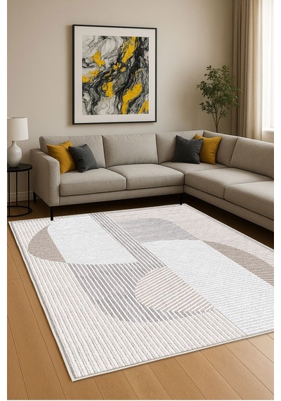 Krem Dijital Baskı Halı Kaymaz Tabanlı Yıkanabilir Halı Yolluk Salon Halısı129