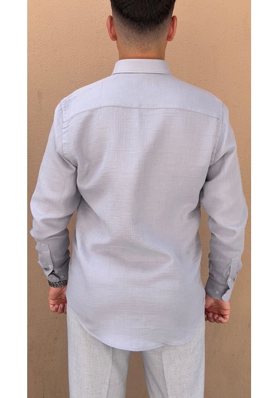 Slim Fit Uzun Kol Müslin Pamuk Rahat Nefes Alabilen Kumaştan Yaka Düğmeli Hediye Kutulu Erkek Gömlek Fs-004202 - Gri-2868