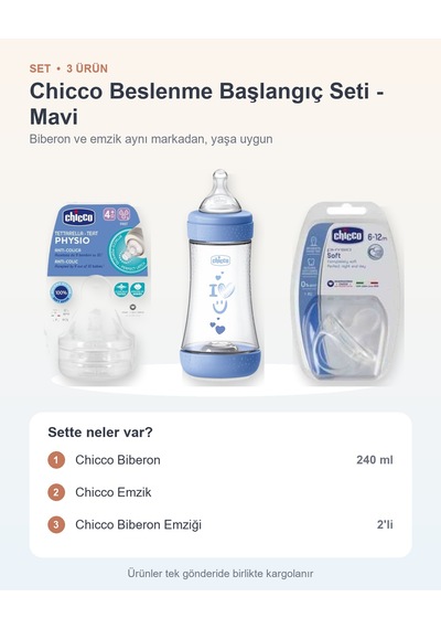 Chicco Beslenme Başlangıç Seti 3 Parça: Biberon + Emzik + Biberon Emziği - Mavi