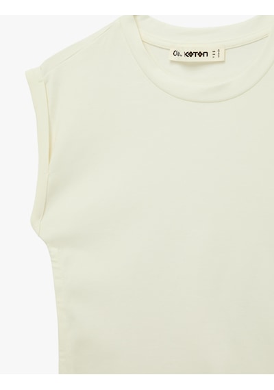 Koton Pamuklu Kolsuz Bisiklet Yaka Büzgülü Crop Bluz Ekru 6sal30016ık Ekru