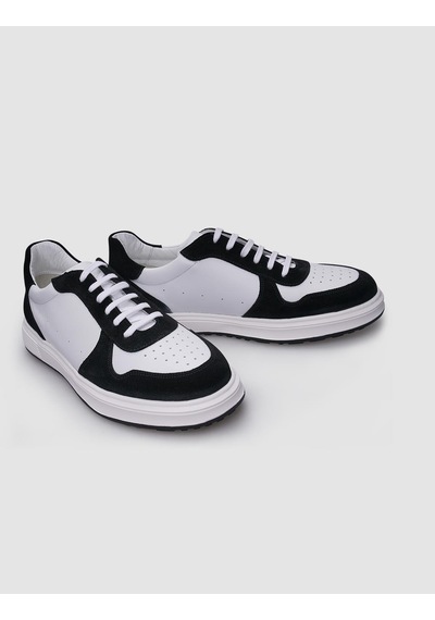 %100 Hakiki Deri Beyaz - Siyah Bağcıklı Erkek Sneaker-beyaz Beyaz