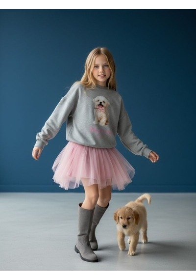 Zekids Kız Çocuk Pamuklu Köpek Baskılı Oversize Tasarım Sweatshirt-16472 Gri