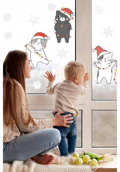 Crevidi Yılbaşı Kutlayan Sevimli Kediler Çocuk Odası Stickeri &