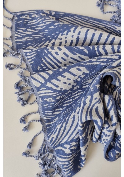 Jakarlı Müslin Peştemal-yaprak Desen-90x170 Cm Indıgo Indigo
