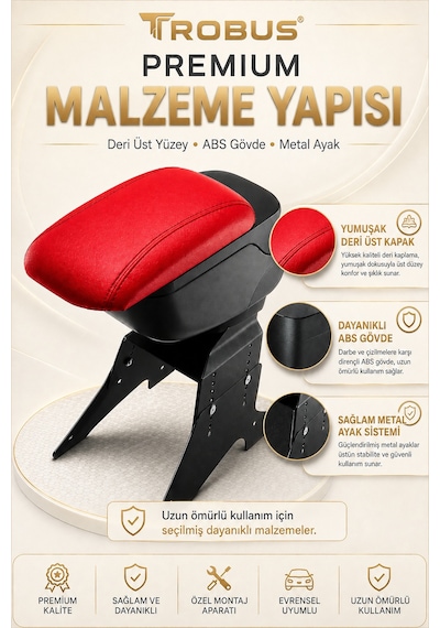 Trobus Mazda 3 2003-2013 Uyumlu Kırmızı Ayaklı Sürgülü Kolçak Ayarlanabilir Yükseklikli