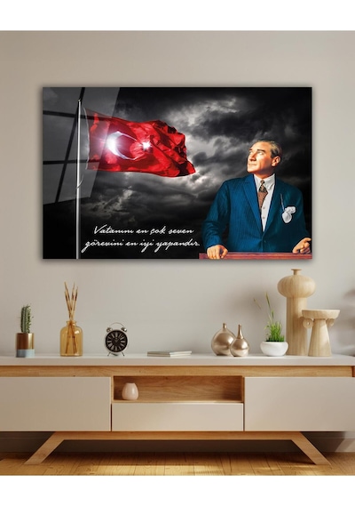 Türk Bayrağı Ve Atatürk Cam Tablo Vatanını En Çok Seven Modern Ev Ofis Salon Kurum Hediyelik Tablo