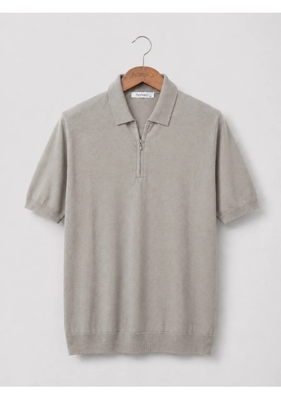 Yarım Fermuarlı Premium Polo Yaka Triko Tişört - Pamuk & Tensel Camel