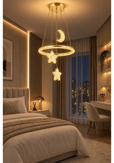 Modern Premium Gold Ay Yıldız 3 Renkli Ledli Sarkıt Avizesi Çocuk Genç Bebek Odası Modelleri 84w Beyaz