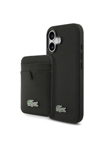 Apple Uyumlu iPhone 17 Kılıf Lacoste Lisanslı M-safe Özellikli Pu Pike Desenli Metal Logolu Kartlıklı Kapak Siyah Siyah