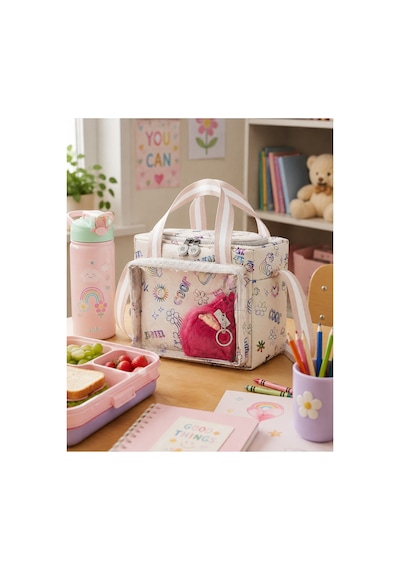 Çocuk Termal Okul Beslenme Çantası Şeffaf Cepli Peluş Aksesuarlı Omuz Askılı Lunch Bag Krem