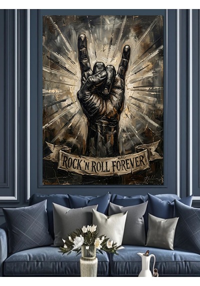 Rock N Roll Ve El Ve Işıklı Tabela Dekoratif Kanvas - Mdf Ahşap Tablo