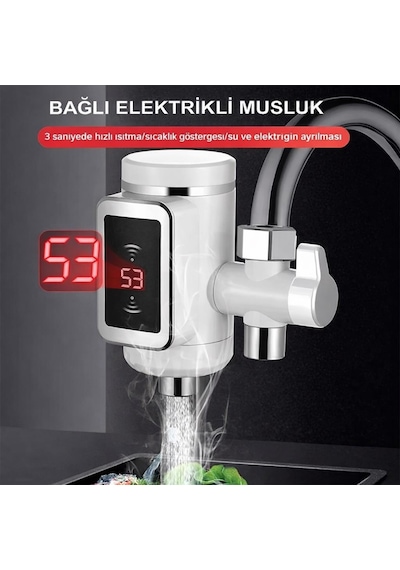 Dijital Göstergeli Elektrikli Musluk Ani Su Isıtıcı 3000w Şofben Musluk Başlığı Sıcak Soğuk Su Beyaz