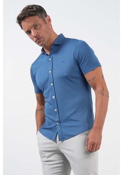 İmza İndigo İtalyan Yaka Kısa Kol Cepsiz Slim Fit Pamuklu Gömlek 1004260158 Koyu İndigo Mavi