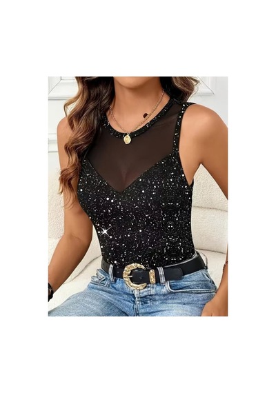 Butik İstanbul Kadın Sıfır Kollu Tül Ve Taş Detaylı Dalgıç Bluz Siyah
