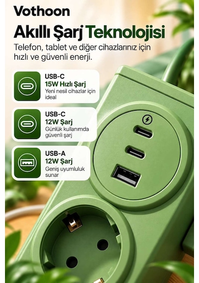 Vothoon 4 Lü Akıllı Priz Tek Dokunuşla Fiş Çıkarma 2 Metre Kablo 2 Type-c + Usb 15w Hızlı Şarj 3680w Diğer