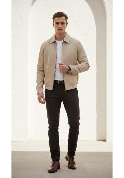 Plus Scorpion Slim Fit Fitilli Dokulu Erkek Fermuarlı Mont Ceket Günlük Şık Kombin Bej