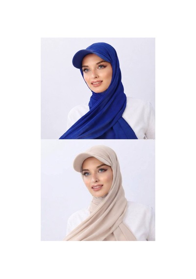ALDAIYR 2 Adet Şapkalı Boneli Hazır Şal Hijab Sandy Ekru - Saks Mavi