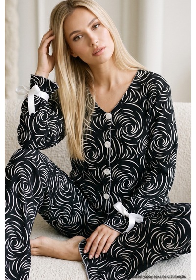 Siyah İnci Desenli Bürümcük-krınkıl Kurdele Detaylı Düğmeli Hırka Pijama Takım 26223921 siyah