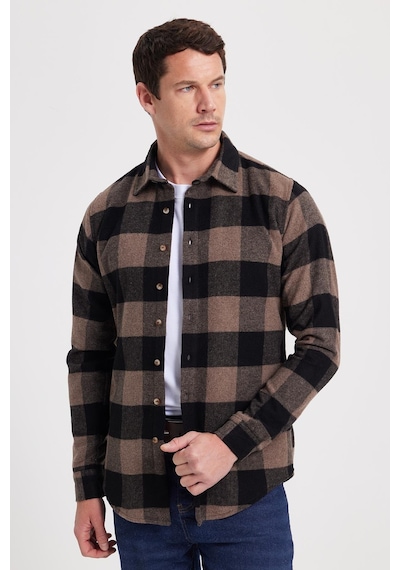 Tudors Erkek Slim Fit Dar Kesim Kareli Kışlık Oduncu Gömlek-42338 Siyah
