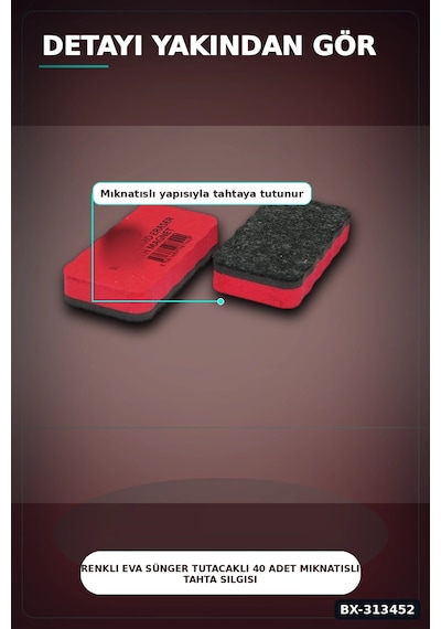 Renkli Eva Sünger Tutacaklı 40 Adet Mıknatıslı Tahta Silgisi - Sınıf Kullanımına Uygun Bx-313452 Çok Renkli