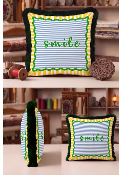 Smile Çizgili Güneş Motifli Saçaklı Yastık Kılıfı - Neşeli Yazlık Mavi Siyah Püsküllü Kırlent Kılıfı Bordo