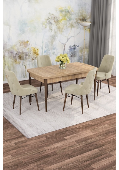 Mona Meşe 80x132 Açılabilir Mdf Masa Yemek Odası Takımı, Mutfak Takımı 4 Adet Sandalye Meşe Masa - 4 Bej - Ceviz Ayak Mona Meşe 80x132 Açılabilir Mdf Masa Yemek Odası Takımı, Mutfak Takımı 4 Adet Sandalye Meşe Masa - 4 Bej - Ceviz Ayak