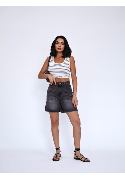 Füme Denim Mini Şort Siyah