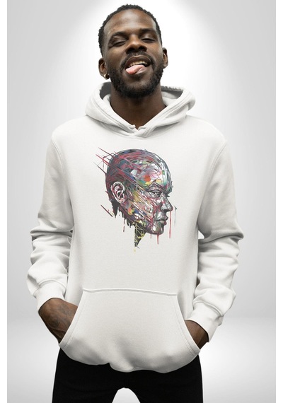 İnsan Kafası Sulu Boya Kadın Erkek Beyaz Kapüşonlu Sweatshirt Hoodie Beyaz