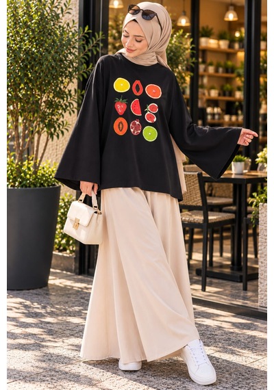 Esra Butik78 Kadın Premium Dokulu Baskılı Oversize Sweatshirt Rahat Ve Modern Stil Kahverengi