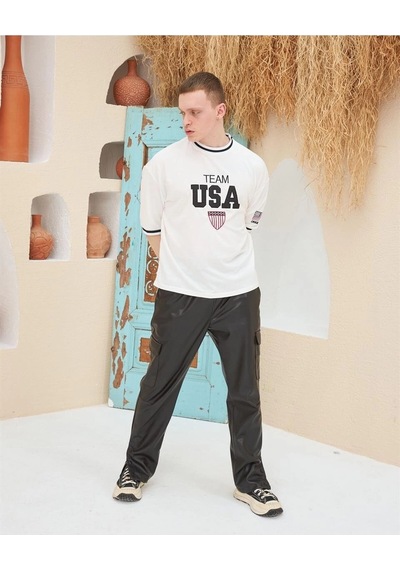 Novalisse Erkek Bisiklet Yaka Tişört Nakış İşlemeli Kısa Kol Oversize T-shirt - Beyaz Çoklu Renk
